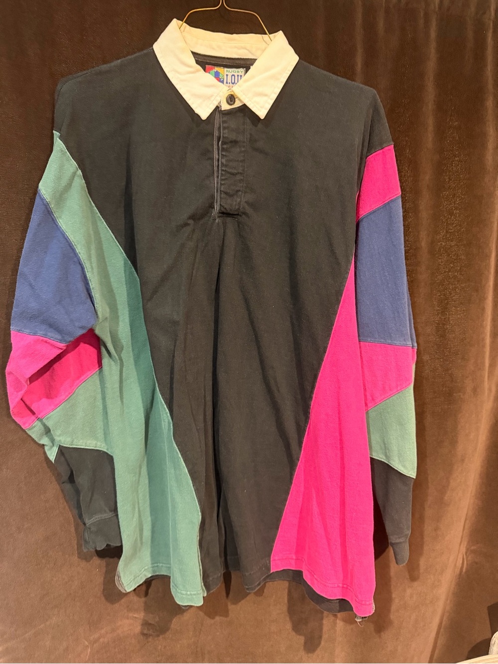Vintage-Inspired Colorblock Long-Sleeve Rugby Shirt - Black / Pink / Green